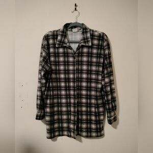 Carolina Colours Women's Sz Medium Plaid Checks Brown Taupe Velour Button Up